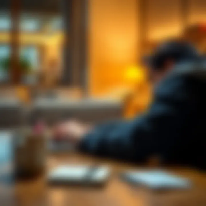 A young adult focused on creating a dating profile on their laptop, with a coffee cup nearby and a notepad with notes on the table.