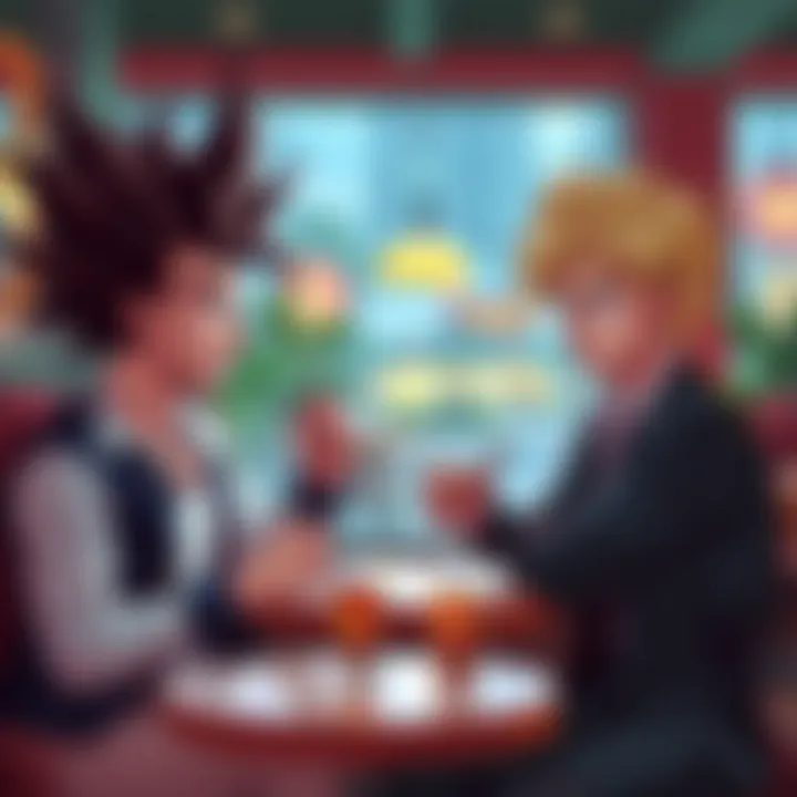 A couple sits at a cafe, one person has spiky hair and a confident pose, representing a Saiyan, while the other looks intrigued and cautious, symbolizing the risks of dating. The scene is lively with a humorous vibe.