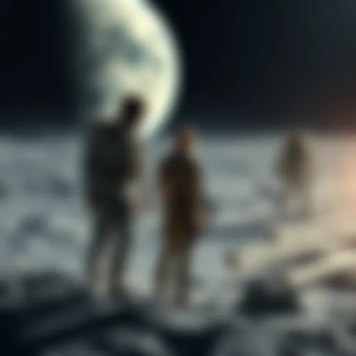 David and Lucy standing on the moon's surface, looking at Earth in the background, with a futuristic technology implant visible on David's arm.