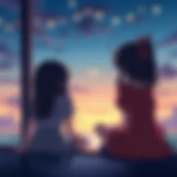 A quiet moment in the anime showing two characters sitting together, expressing feelings of solitude and connection in a serene setting.