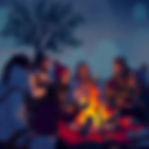 A group of diverse characters from Db engaging in a storytelling session around a campfire, showcasing their unique traits and backgrounds.