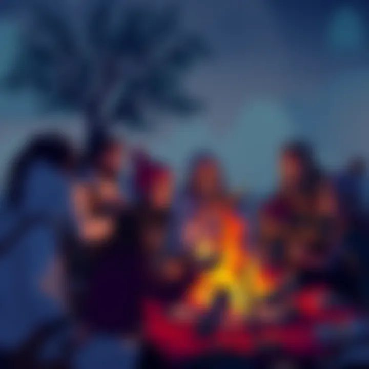 A group of diverse characters from Db engaging in a storytelling session around a campfire, showcasing their unique traits and backgrounds.