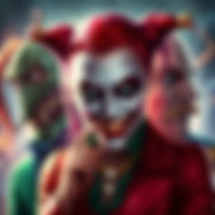 A collage of iconic DC movie villains including the Joker, Harley Quinn, and Lex Luthor, showcasing their unique styles and characteristics.