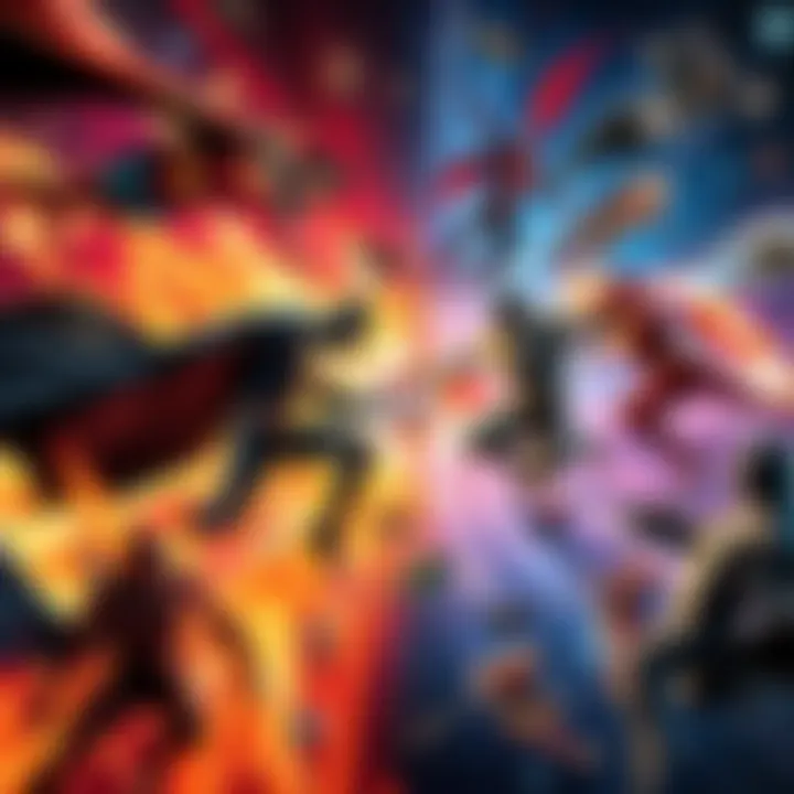 A visual representation of the DC and Marvel universes clashing in a cosmic battle, featuring iconic characters and cosmic elements.