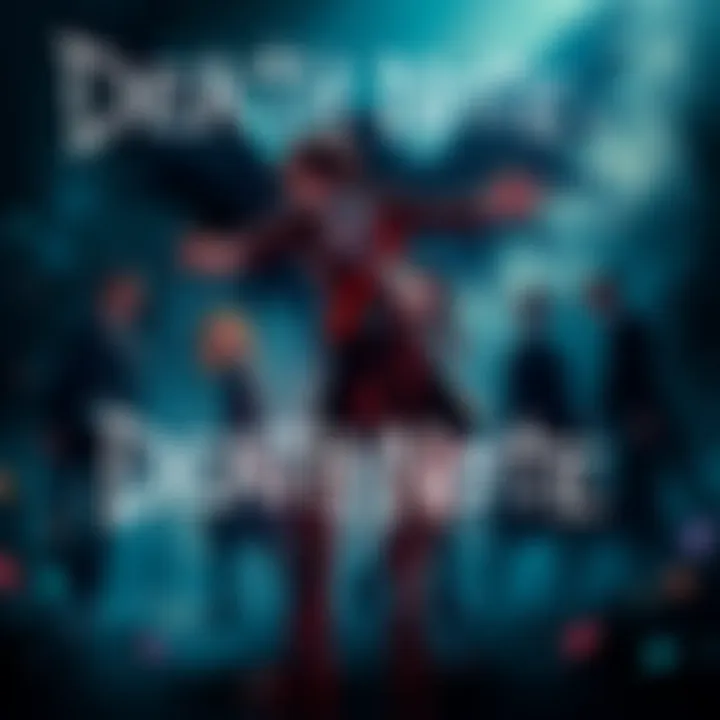 Death Note and Hololive Fusion A dark scene featuring characters from Death Note and Hololive blending together, with a shadowy backdrop representing moral dilemmas.