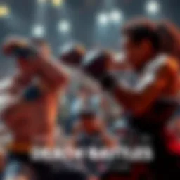 Two fighters engaged in an intense battle, showcasing fierce expressions and dynamic poses, surrounded by an audience reacting with excitement.