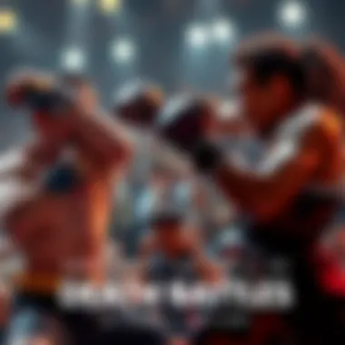 Two fighters engaged in an intense battle, showcasing fierce expressions and dynamic poses, surrounded by an audience reacting with excitement.