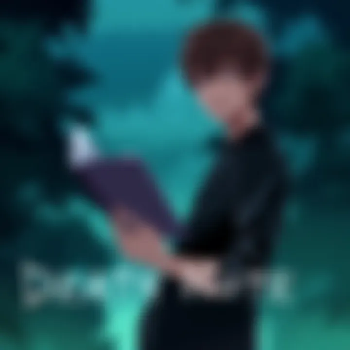 A scene from Death Note showing the main character holding a notebook, looking serious, with dark colors and a dramatic background.