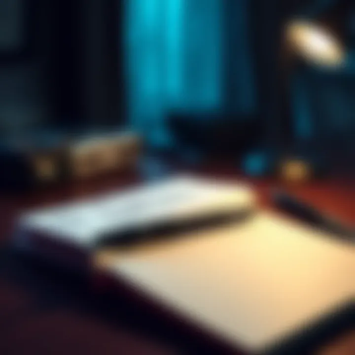 A mysterious notebook labeled 'Death Note' lying open on a desk with a pen beside it, suggesting dark thoughts and intentions.