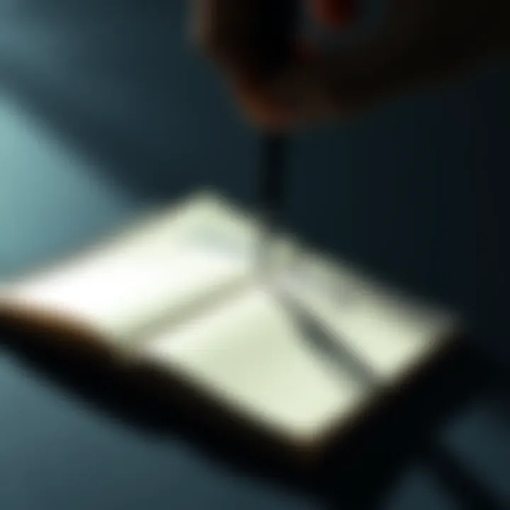 A close-up of a death note lying open next to a pen, with a shadowy hand hovering over it, symbolizing temptation and moral conflict.