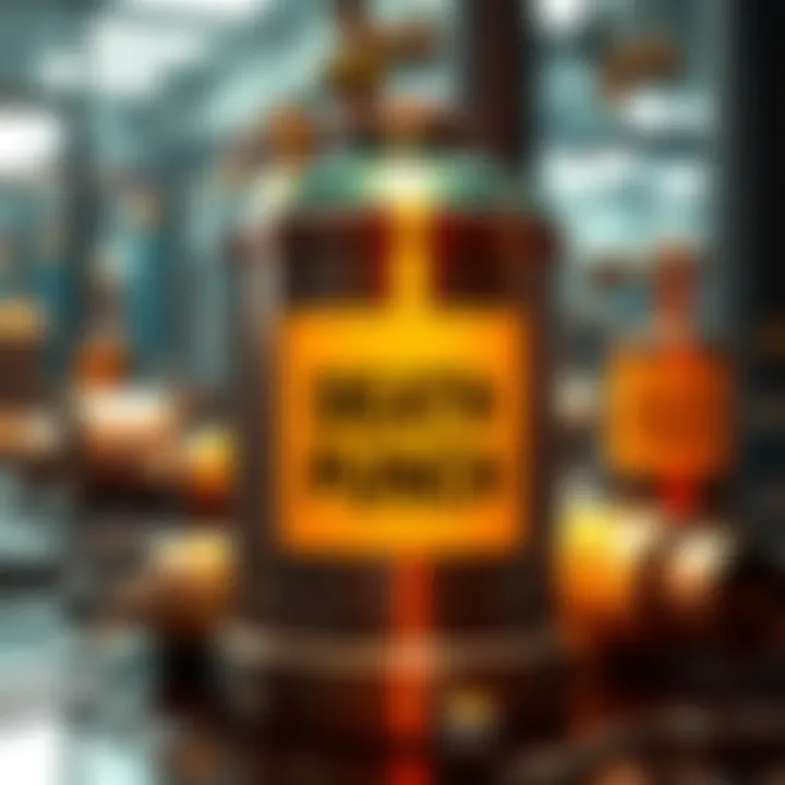 A close-up view of a sleek container labeled 'Death Punch Oil', surrounded by industrial elements representing oil and energy sectors.