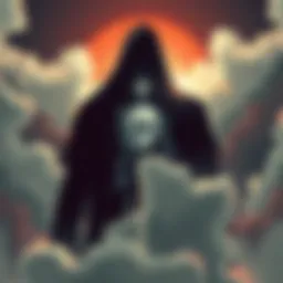 Illustration showing a dark figure in the background symbolizing death, with light breaking through clouds representing hope, and abstract shapes suggesting a divine entity.