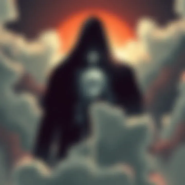 Illustration showing a dark figure in the background symbolizing death, with light breaking through clouds representing hope, and abstract shapes suggesting a divine entity.