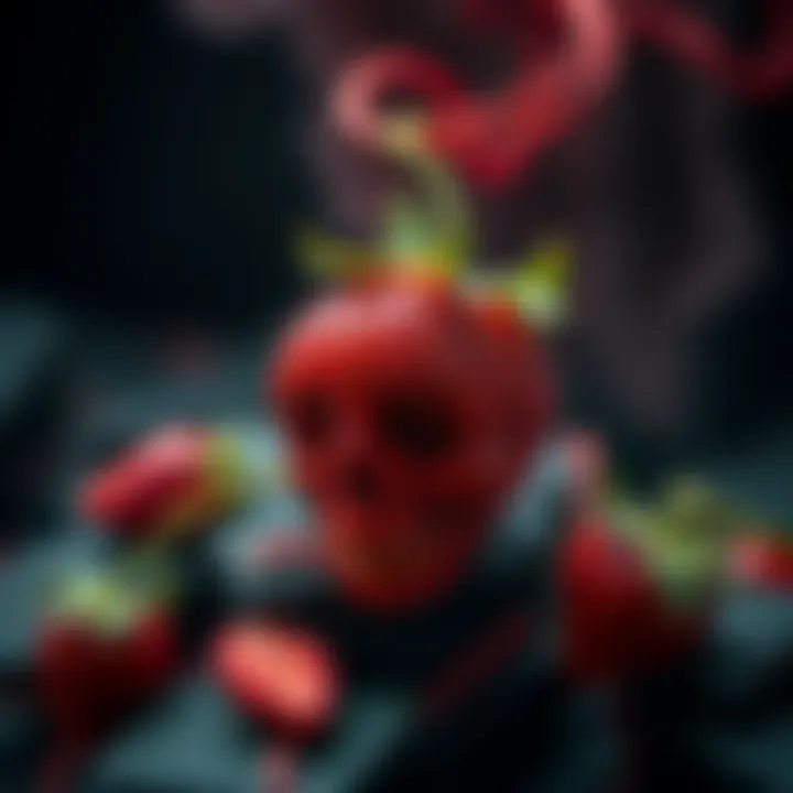 Death and Strawberry Art Piece A vibrant artwork depicting a strawberry intertwined with symbols of death, showcasing creativity and nostalgia.