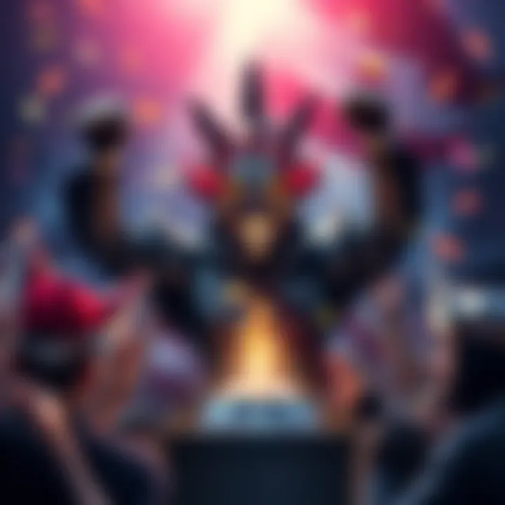 Deathmask character celebrating victory in the ghost type category, with fans cheering and ready to choose steel type characters.