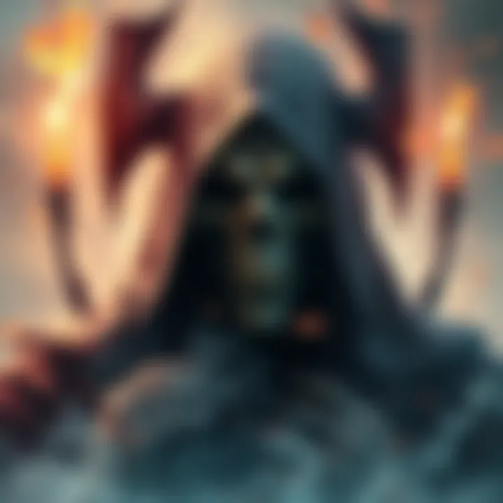 A creative interpretation of Death's face, featuring a hooded figure with a skeletal visage surrounded by symbols of mortality.