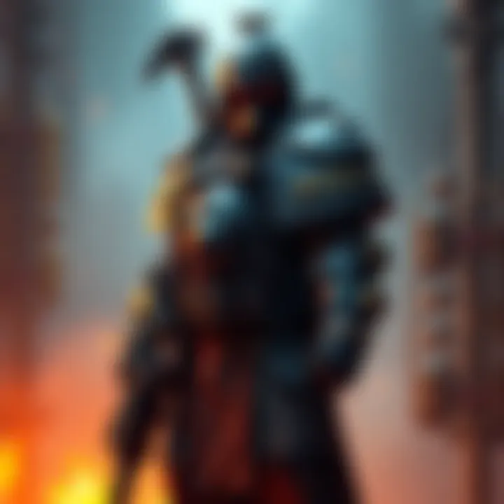 A person in a detailed Deathwatch Guts costume, showcasing armor and weaponry, standing confidently with an imposing stance.