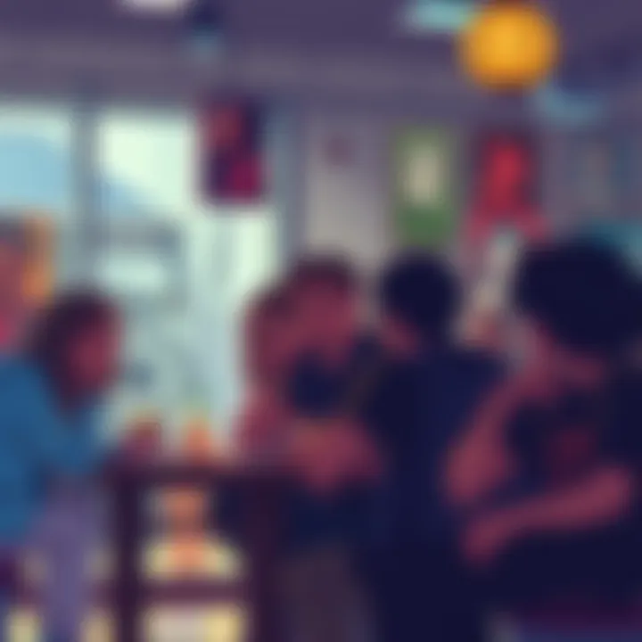 Group of fans discussing the racial backgrounds of popular characters in a cafe setting with art and posters around them