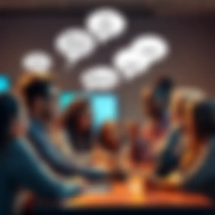 A group of diverse people engaged in a lively discussion about intelligence, with thought bubbles showing different ideas, in a casual setting.