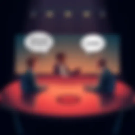 Two people discussing slander at a roundtable with speech bubbles showing different opinions.