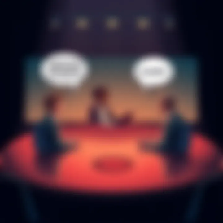Two people discussing slander at a roundtable with speech bubbles showing different opinions.