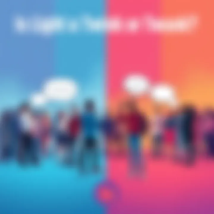 A colorful illustration showing two groups of people debating whether Light is a twink or a twunk, with dialogue bubbles expressing different opinions, set against a vibrant background.