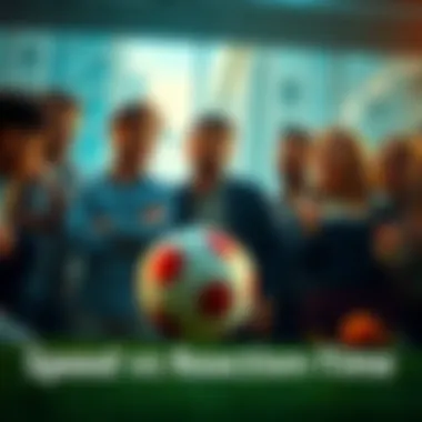 A group of people animatedly discussing the relationship between speed and reaction time, some looking confused while others laugh, with a ball in motion in the foreground.