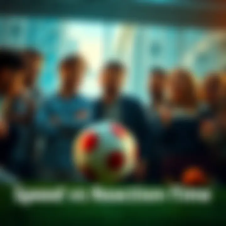 A group of people animatedly discussing the relationship between speed and reaction time, some looking confused while others laugh, with a ball in motion in the foreground.