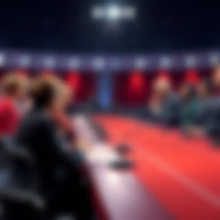 A group of people discussing various viewpoints at a debate with microphones in front of them.