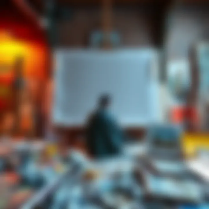 An artist sits in front of an empty canvas, looking disappointed. Surrounding them are scattered artworks, some crumpled, indicating a lack of interest.