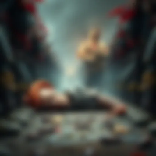 A defeated warrior named Shen lies on the ground, surrounded by tense Worm soldiers who look worried and uncertain, showcasing their crumbling morale after the defeat.