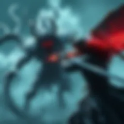 A warrior preparing to battle a mystical creature with a dark, shadowy form, showcasing combat readiness and determination.