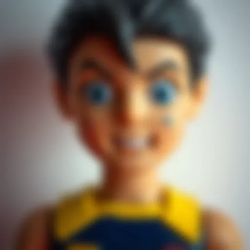 A close-up of a collectible figure showing visible defects like paint flaws and scratches, displayed against a plain background.