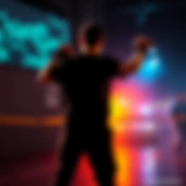 Person in a defensive stance A person standing with fists raised, preparing to defend themselves in a confrontational situation