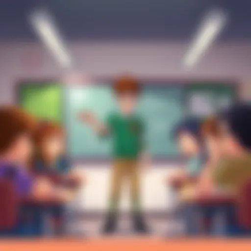 Deku standing in a classroom, interacting with a group of eager students, showcasing his teaching style and approach as a mentor.