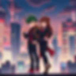 Deku and Uraraka, dressed as professional heroes, stand together in a dynamic pose with a city skyline in the background.