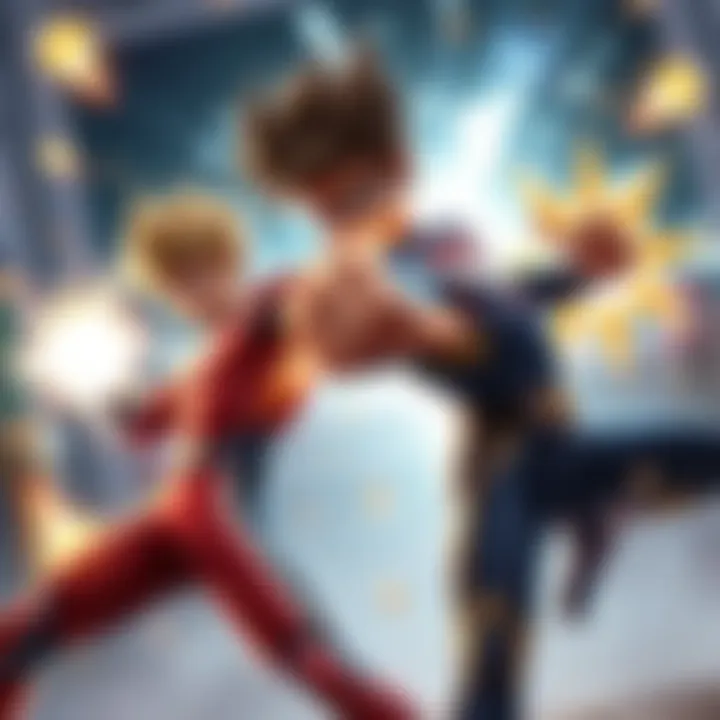 Deku and All Might Performing Punches Deku and All Might in dynamic poses, showcasing their iconic punch moves with energy effects around them in a vibrant scene.