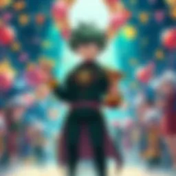 Deku, the top male character at the 2026 Anime Awards, stands proudly with a trophy, surrounded by cheering fans and colorful decorations.
