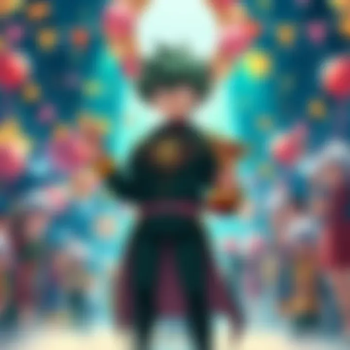 Deku, the top male character at the 2026 Anime Awards, stands proudly with a trophy, surrounded by cheering fans and colorful decorations.