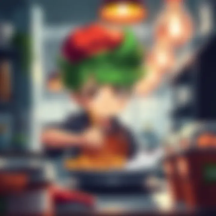 A determined boy with green hair and no superpowers is cooking in a bustling kitchen, facing challenges with a strong spirit.