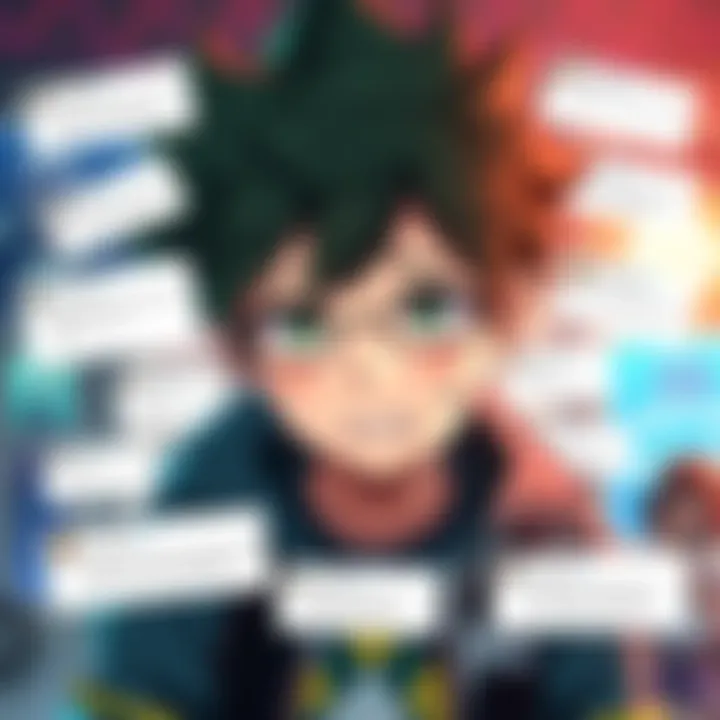 Deku with a worried expression, surrounded by fan comments showing empathy and humor, highlighting his struggles.