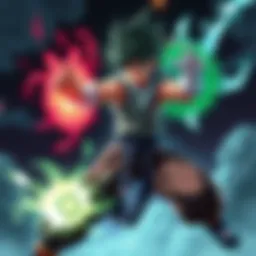 Deku demonstrating his Fajin and Gearshift abilities in a dynamic battle stance, with energy effects around him