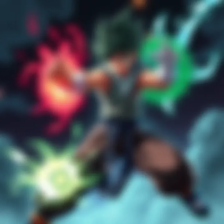 Deku demonstrating his Fajin and Gearshift abilities in a dynamic battle stance, with energy effects around him
