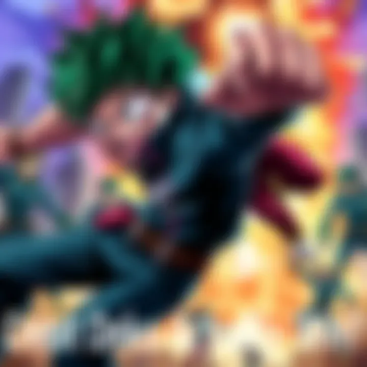 Deku battles an opponent, showing determination and teamwork, with allies supporting him in the background