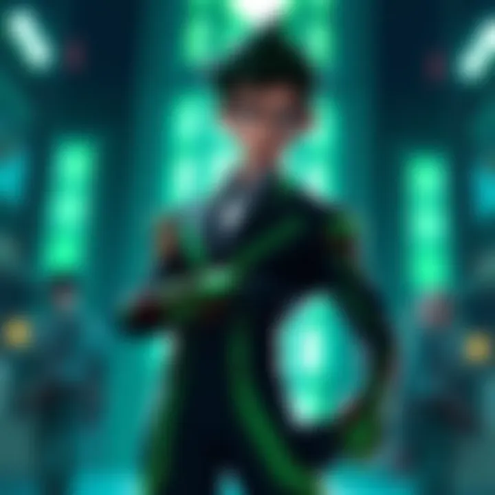 Deku stands confidently in his iconic green and black suit, ready for action with a determined expression.