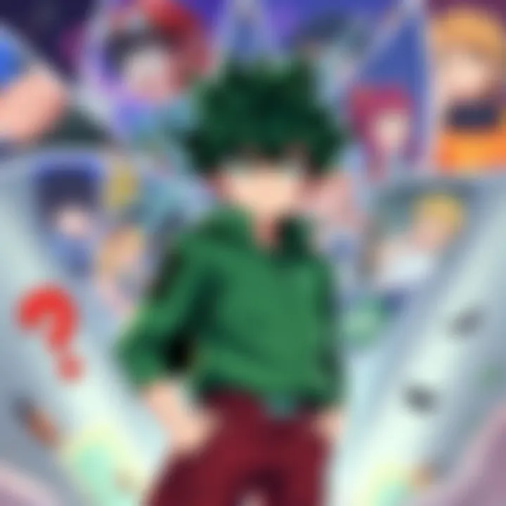 Deku standing confidently with a determined expression, surrounded by fan art showcasing his journey from slander to admiration