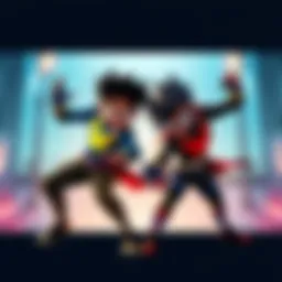 Deku and Miles Morales prepare for a fight, showcasing their unique powers and costumes