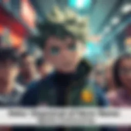 Deku_sensei showing disapproval of a proposed hero name, with a concerned expression, surrounded by fans discussing in a vibrant community setting