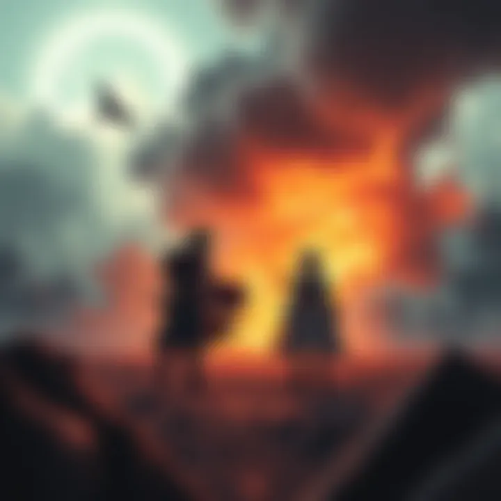 Deku and Toga stand on a battlefield, ready for a confrontation, with an intense atmosphere around them.