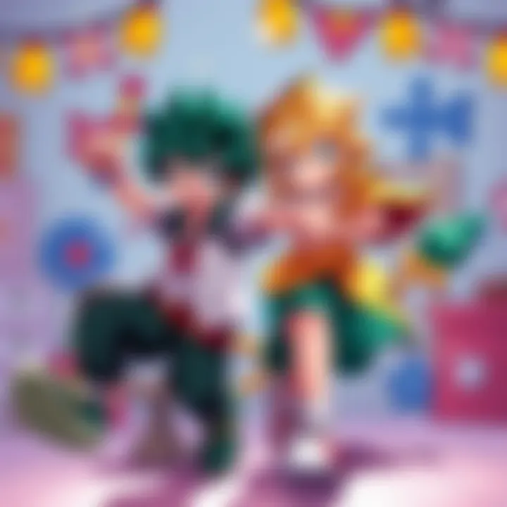 Colorful fan art featuring Deku and Toga from My Hero Academia in a dynamic pose with a playful background.